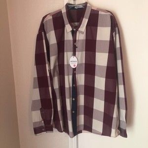 Hotouch Mens Button Up Shirt Burgundy Buffalo Plaid Long Sleeve Cotton XXL New